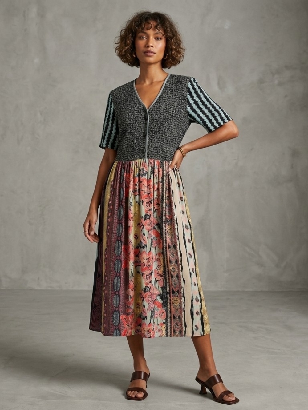 VTG Carole Little 90s Mixed Print Patchwork Dress Empire Waist Boho Midi 8